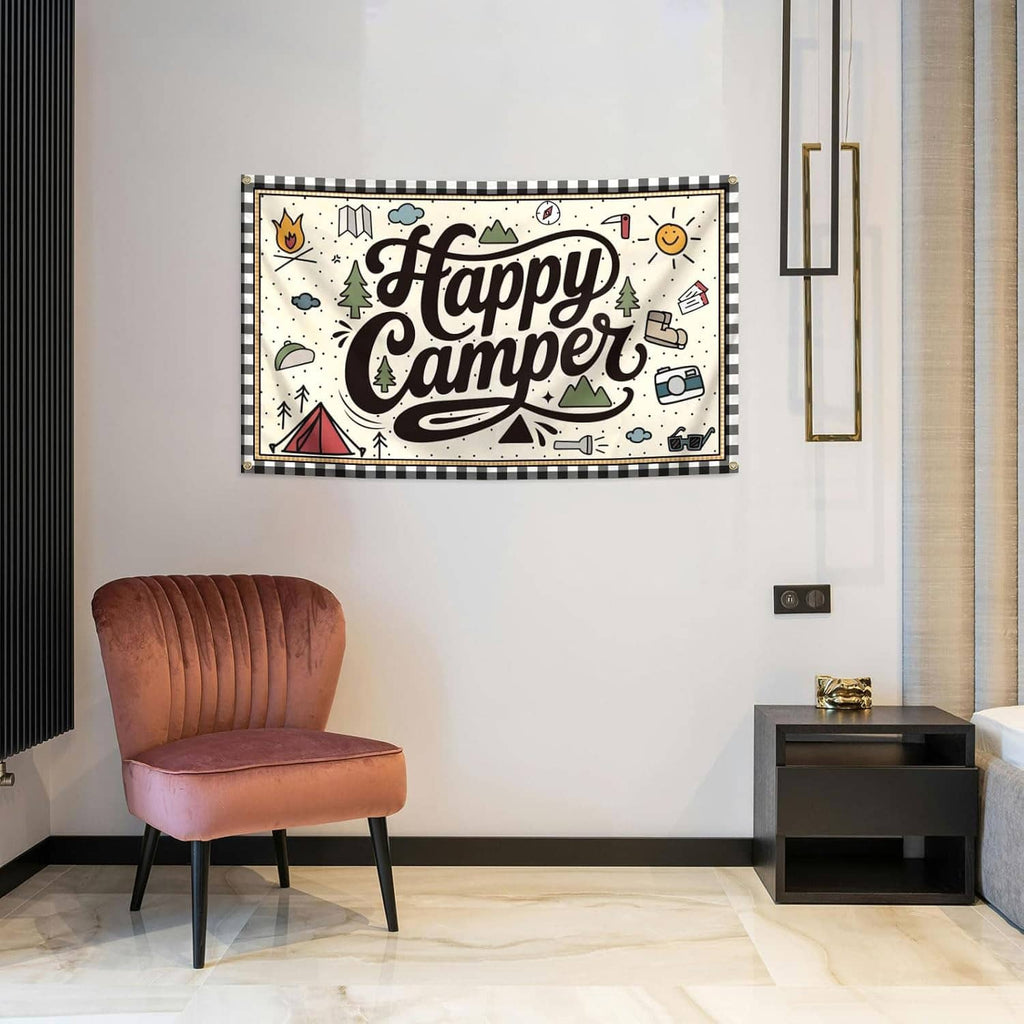 “Happy Camper” camping banner flag with camping icons and brass grommets on indoor wall
