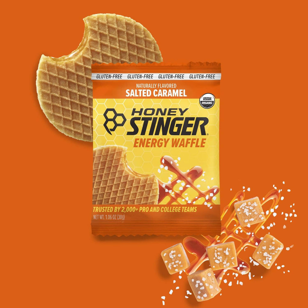 Salted caramel gluten-free energy waffle pouch with caramel waffle pieces