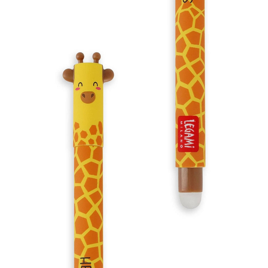 Yellow giraffe-head erasable gel pen with patterned grip and gray cap end