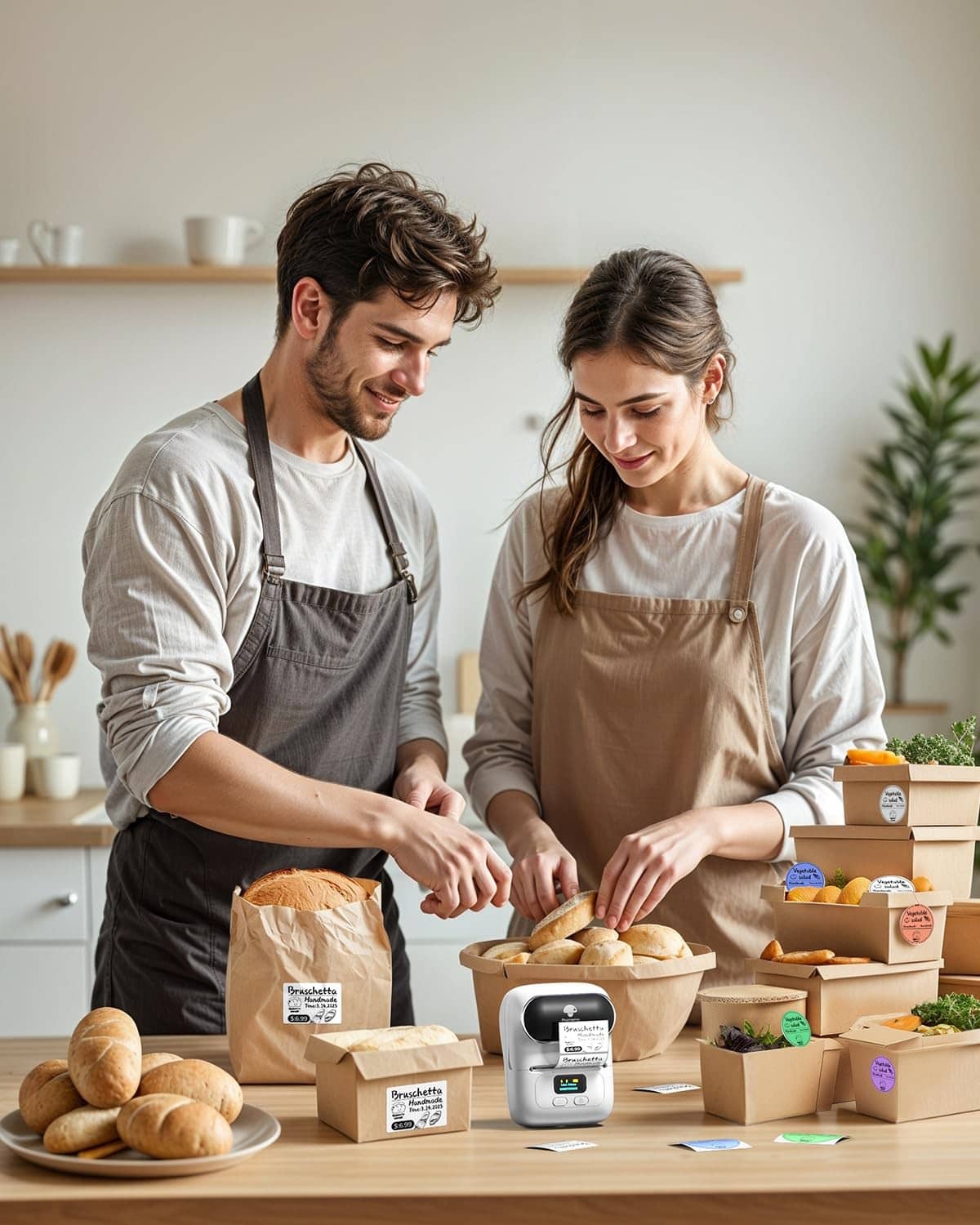 Portable thermal label maker on a countertop among packaged baked goods