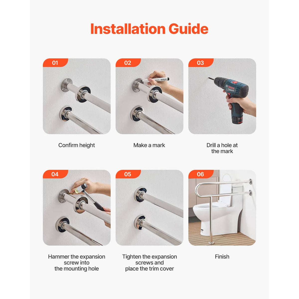 Toilet safety rail installation guide diagram with mounting hardware and screws