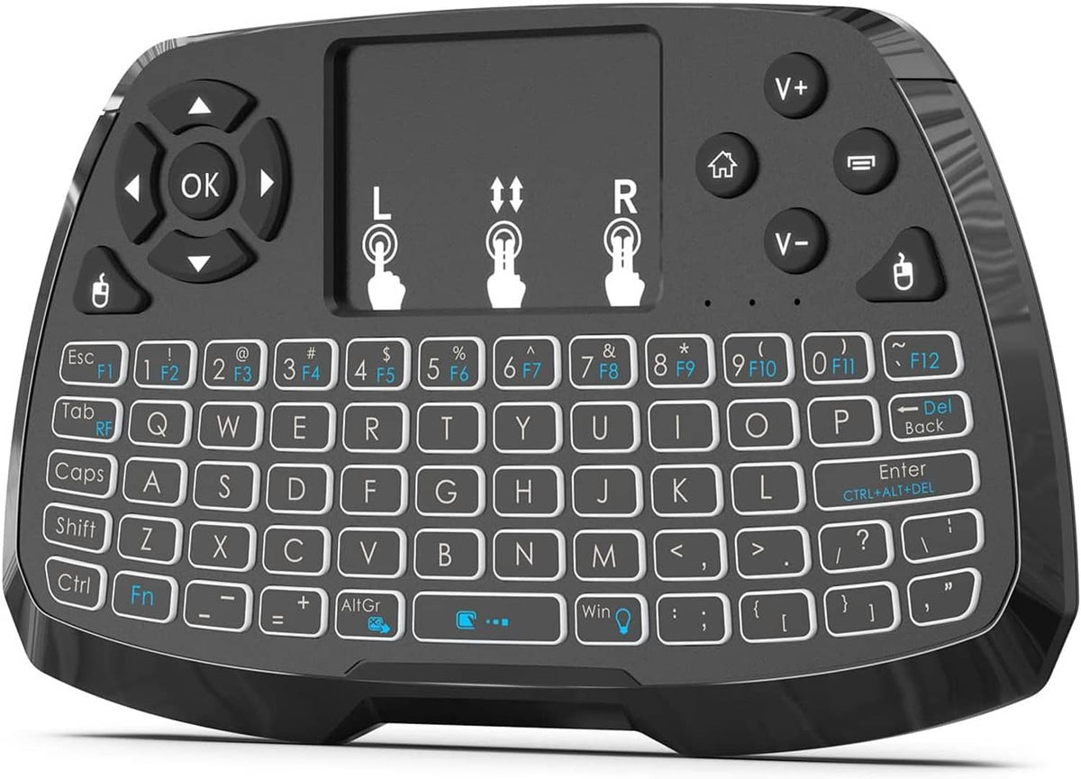 Mini keyboard with touchpad and multi-color backlit keys, control buttons at top