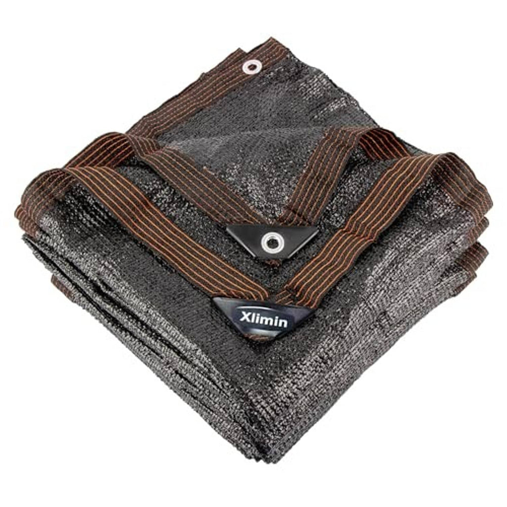 Black shade cloth with brown stripe binding and two metal grommets, folded