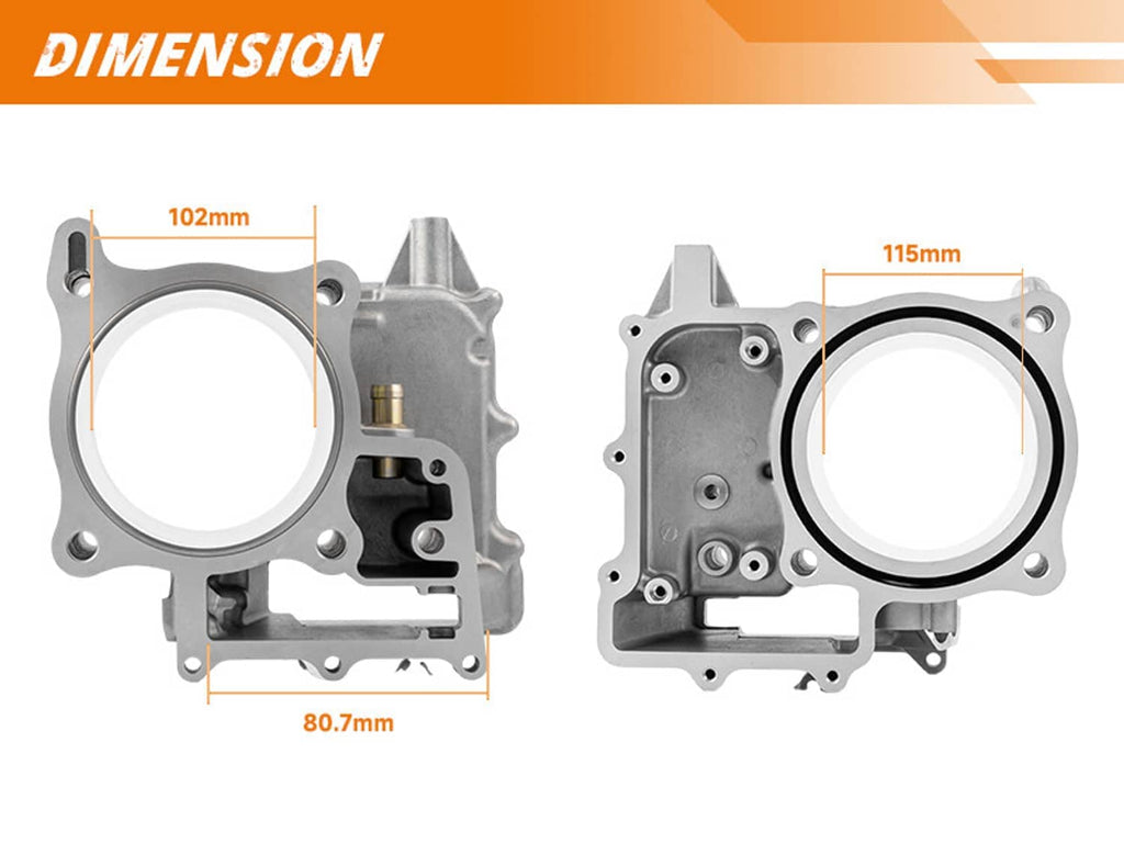 Cylinder block and cylinder head components shown with bore and mounting measurements