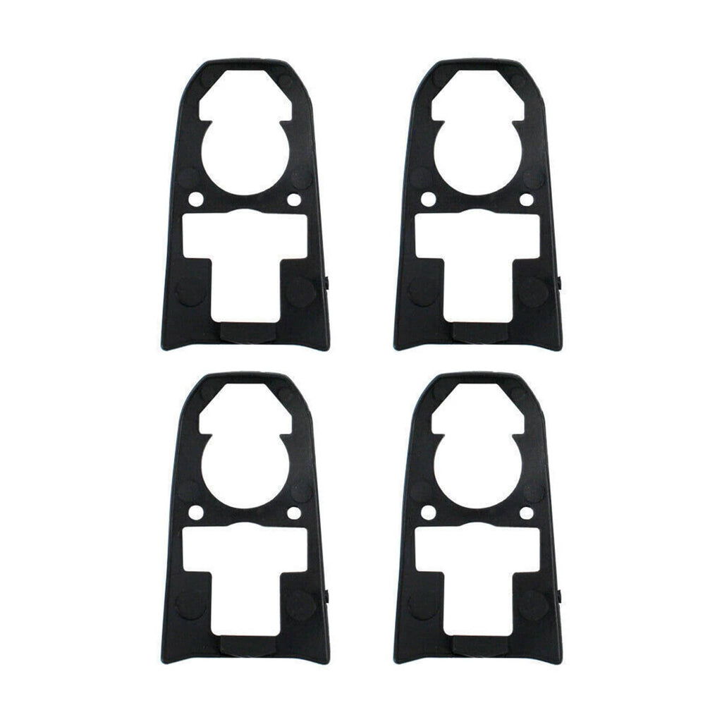 Set of four black door handle mounting plates with circular and rectangular cutouts