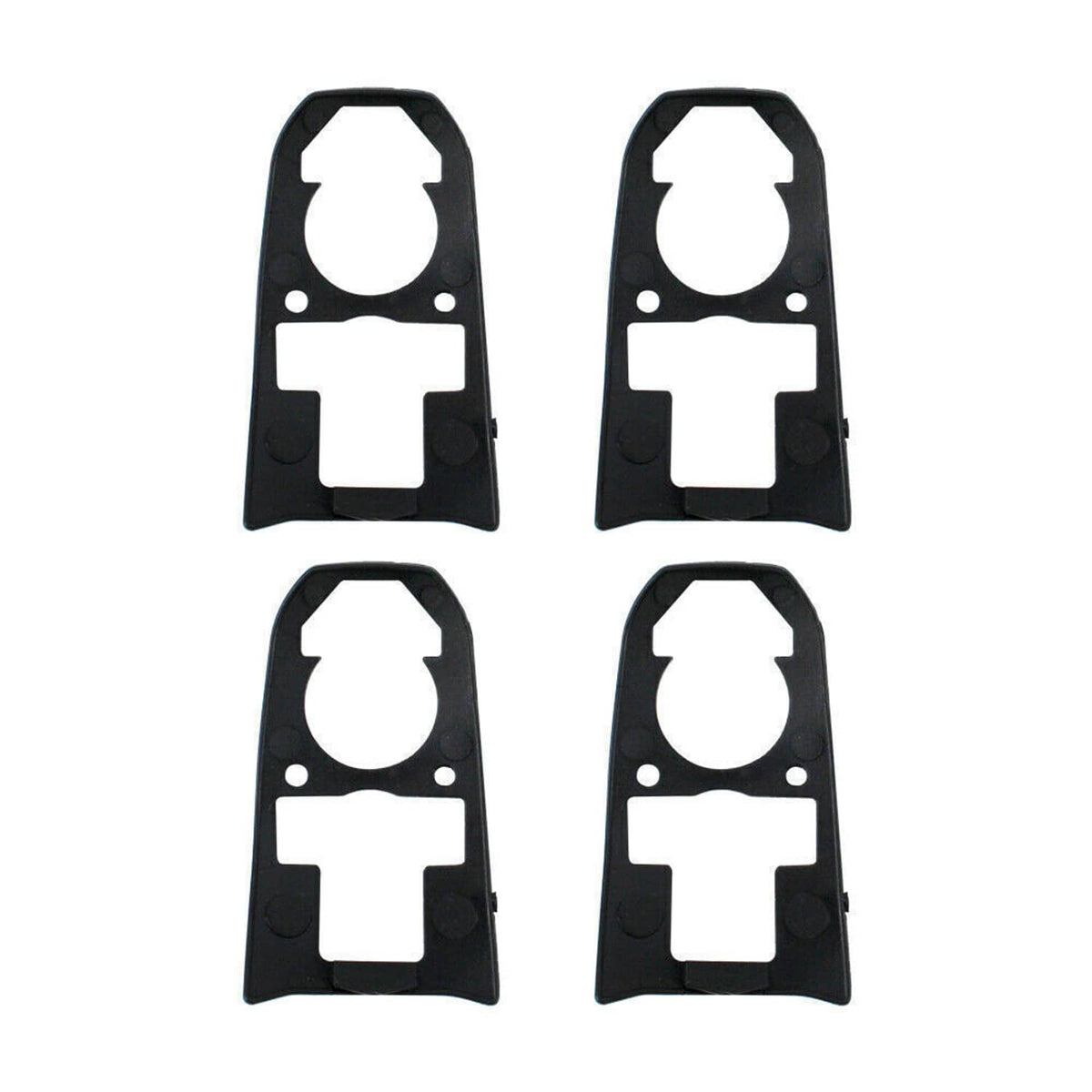 Set of four black door handle mounting plates with circular and rectangular cutouts