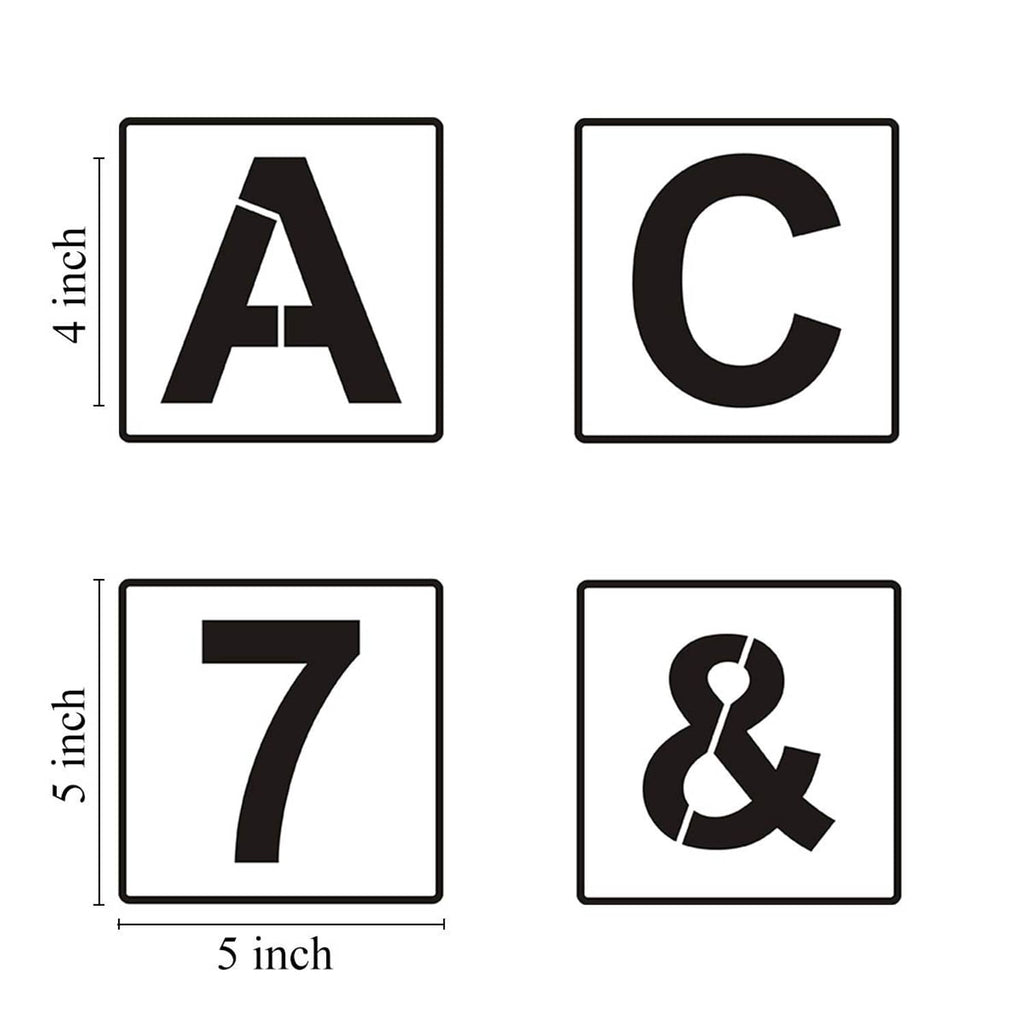 Large 5-inch stencil tiles showing A, C, 7, and ampersand with size markings