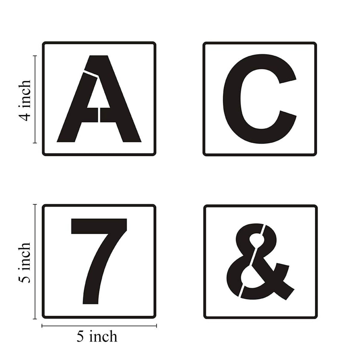 Large 5-inch stencil tiles showing A, C, 7, and ampersand with size markings