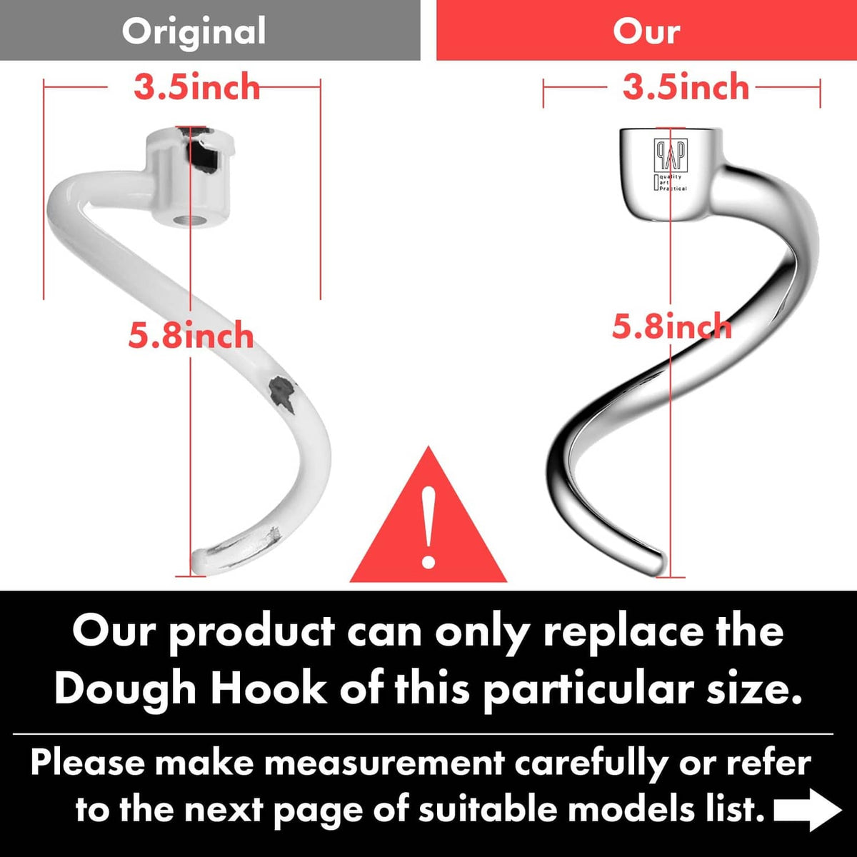 Spiral dough hook size diagram, 3.5 inch and 5.8 inch measurements