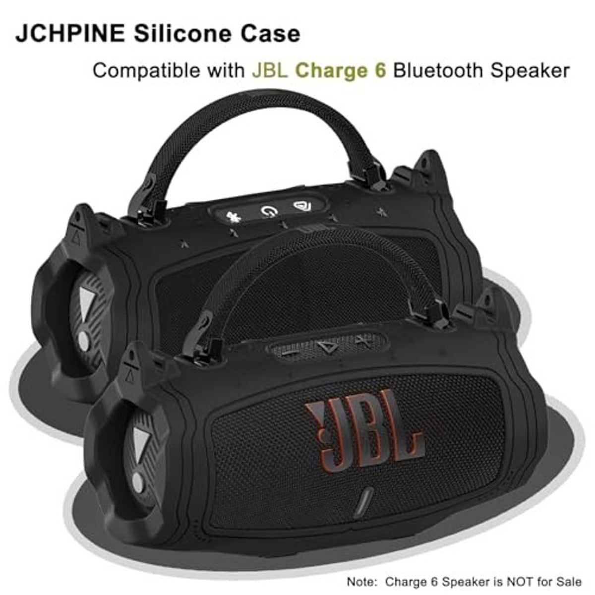 Black silicone case with carry handle and cutouts for controls on portable speaker