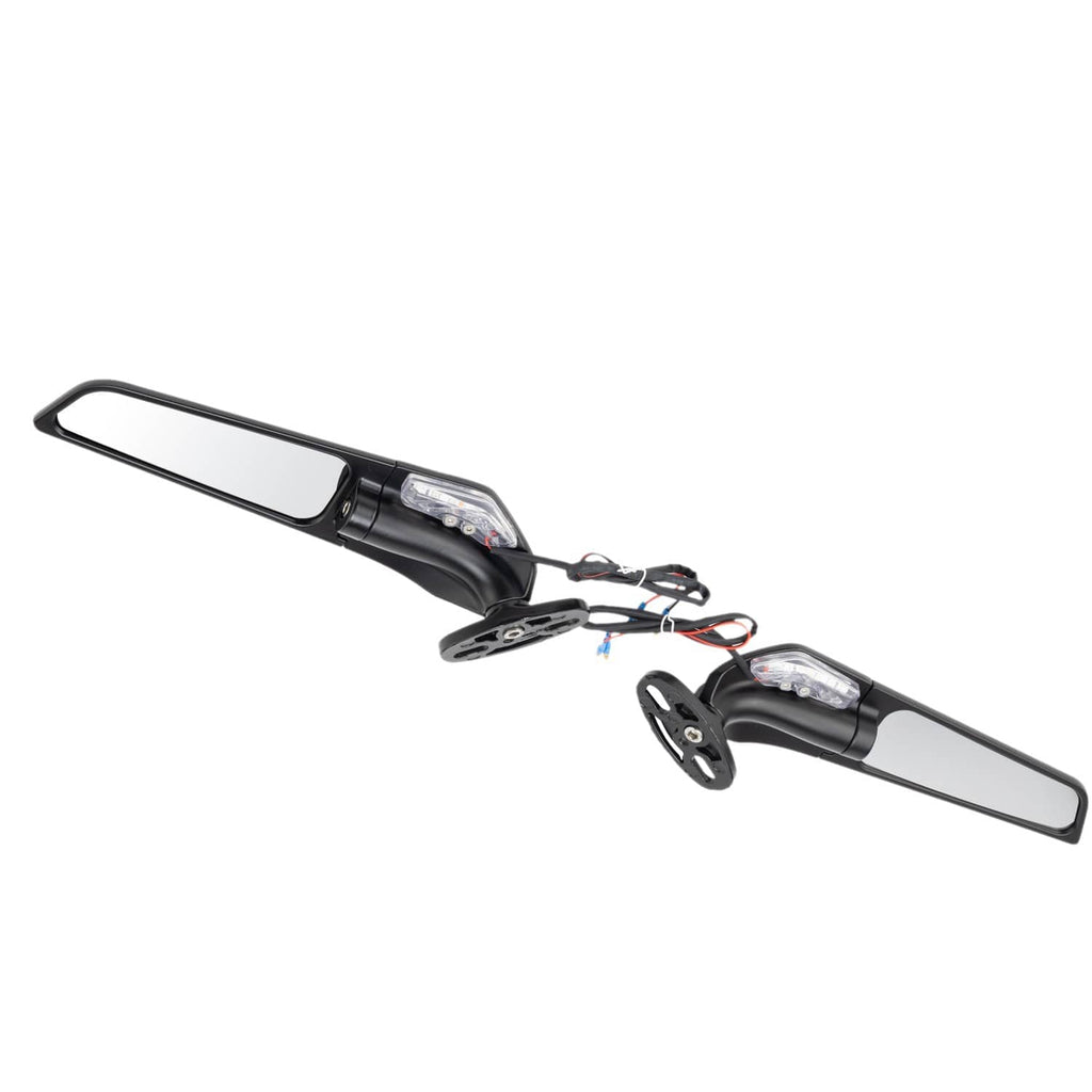 Motorcycle rearview wing mirror set with clear lenses, wiring harness, and black mounting plates.