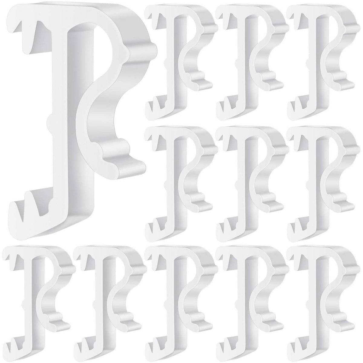 Set of white plastic valance clips with J-hook mounting shape