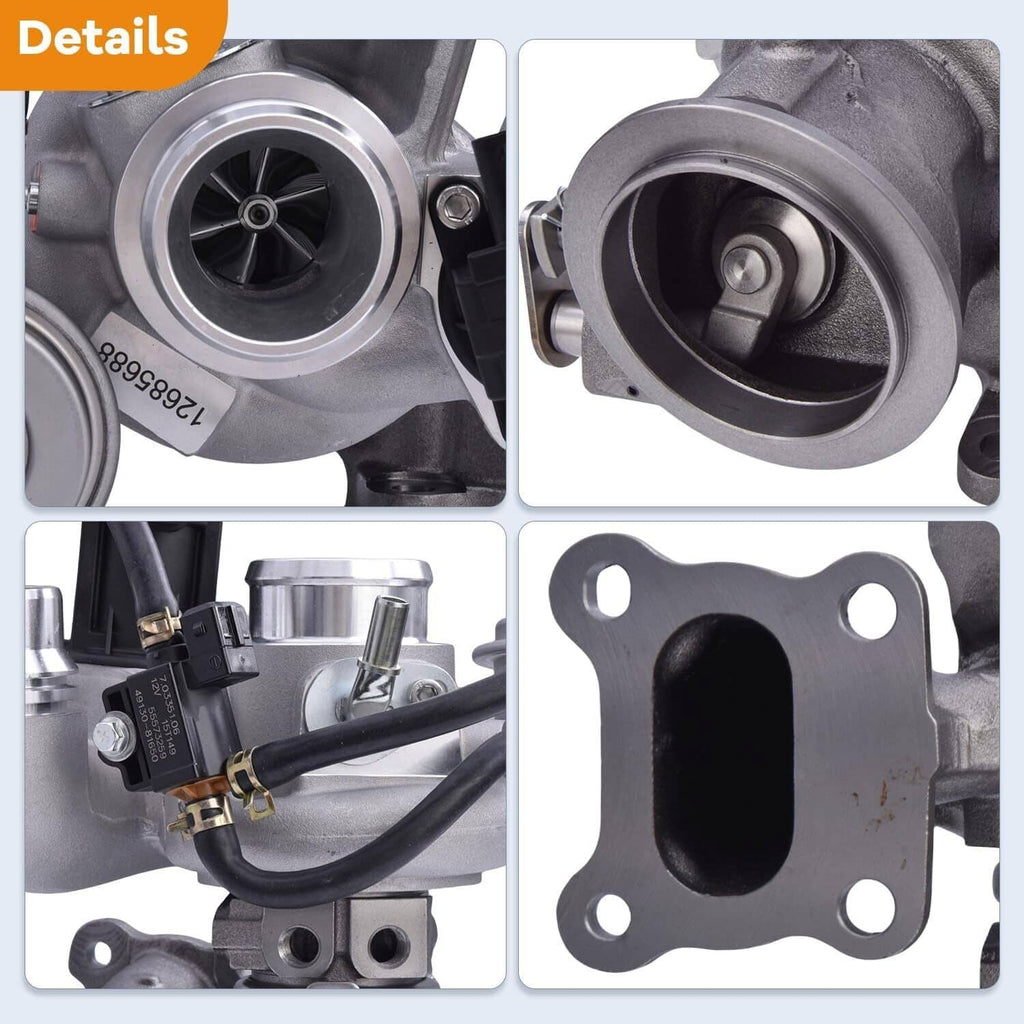 Turbocharger details: compressor wheel, outlet port, wiring connector, and mounting gasket