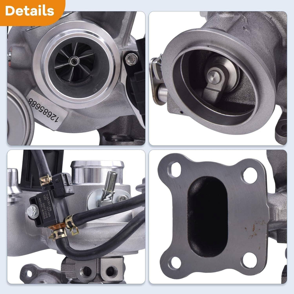 Turbocharger details: compressor wheel, outlet port, wiring connector, and mounting gasket