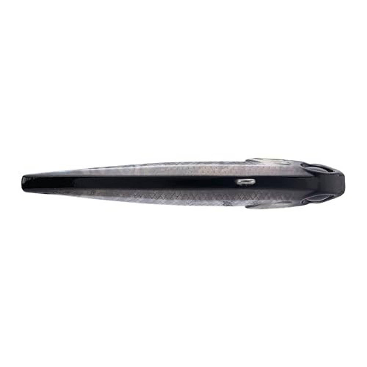 Side view of fish-shaped fishing lure with dark top, scale pattern, and lip