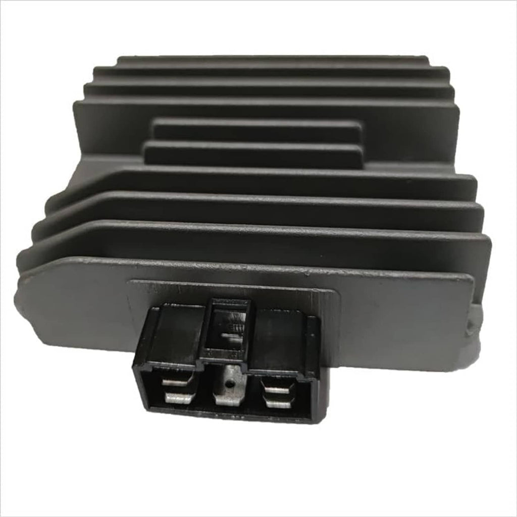 Voltage regulator rectifier, black finned heat sink with three-pin connector
