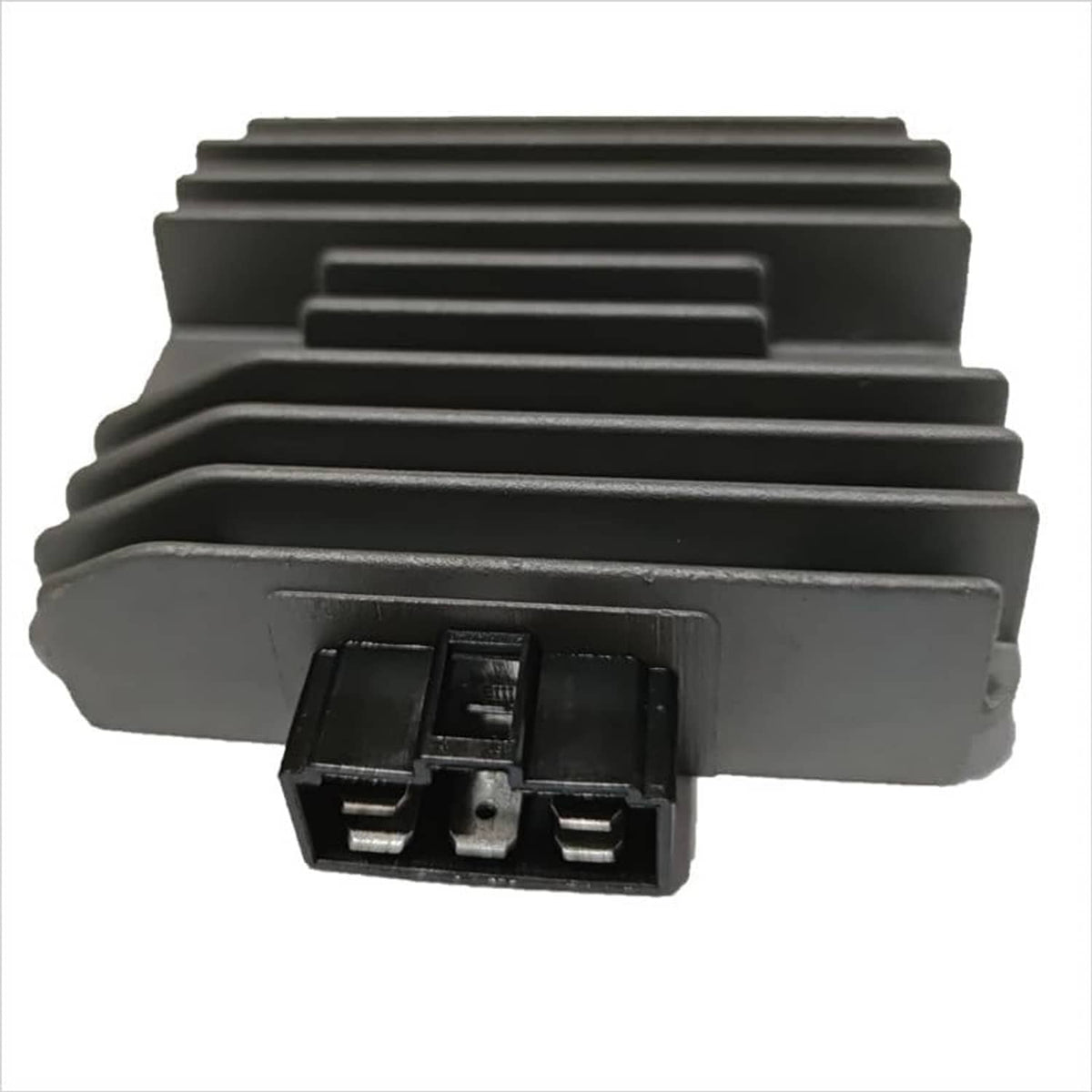 Voltage regulator rectifier, black finned heat sink with three-pin connector