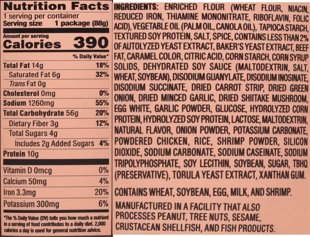 Ramen Bistro noodle cup nutrition facts and ingredients panel