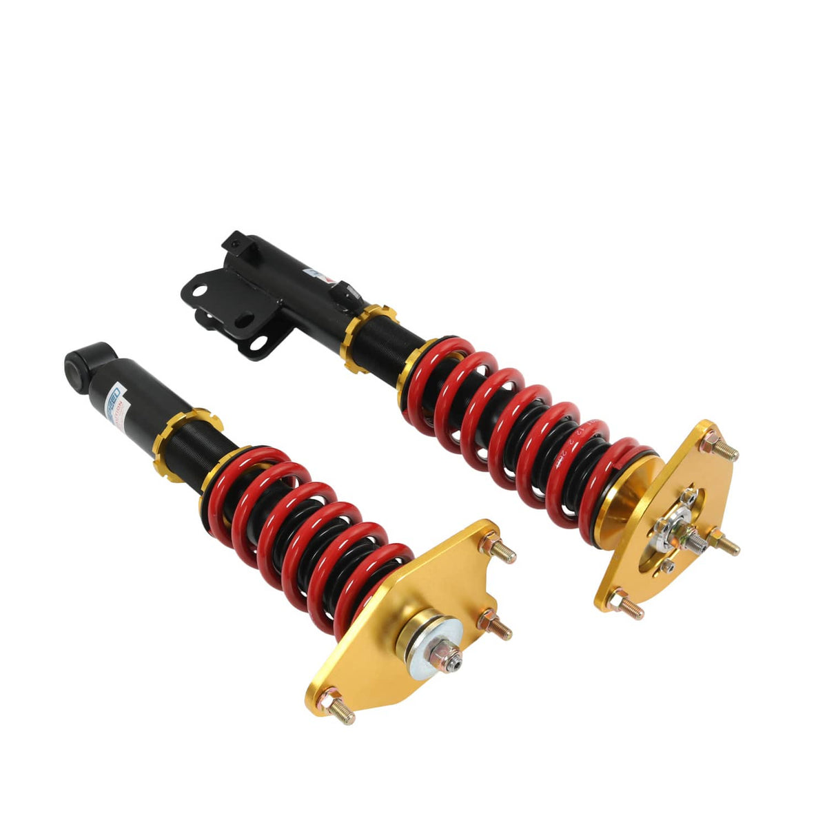 Coilover struts angled view, red springs, black shocks, and gold mounting components
