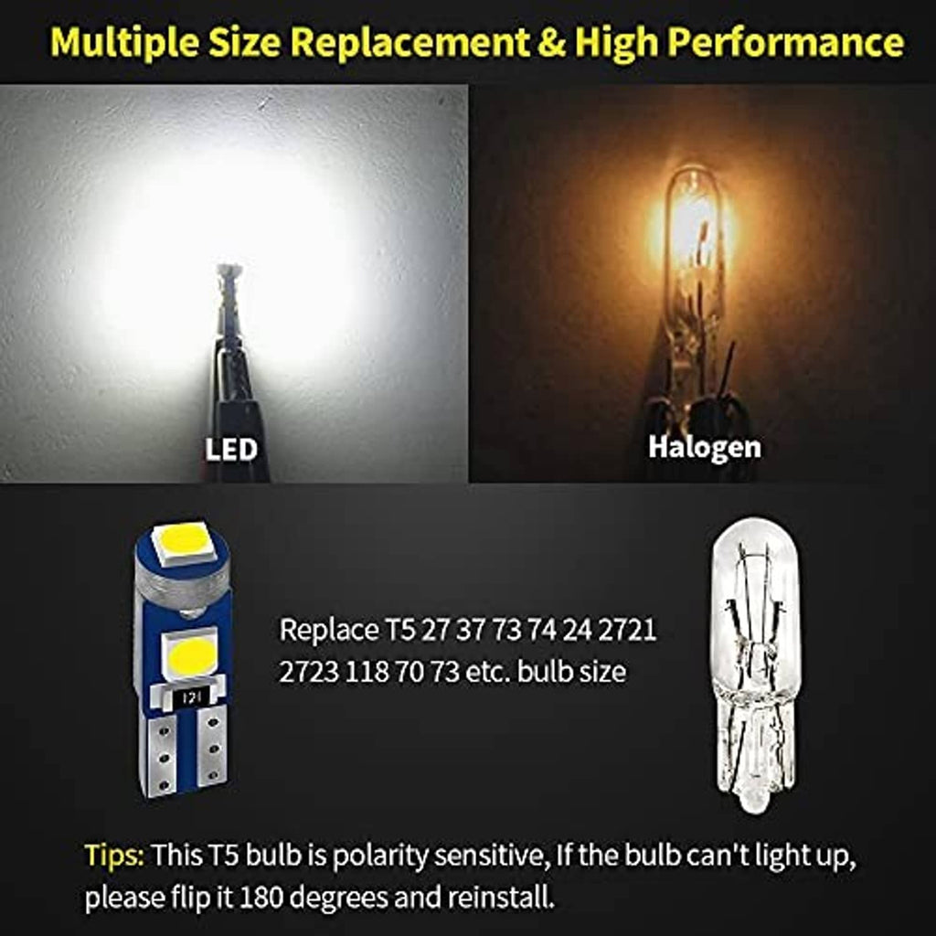 T5 LED bulb showing bright white beam for dashboard and instrument lighting