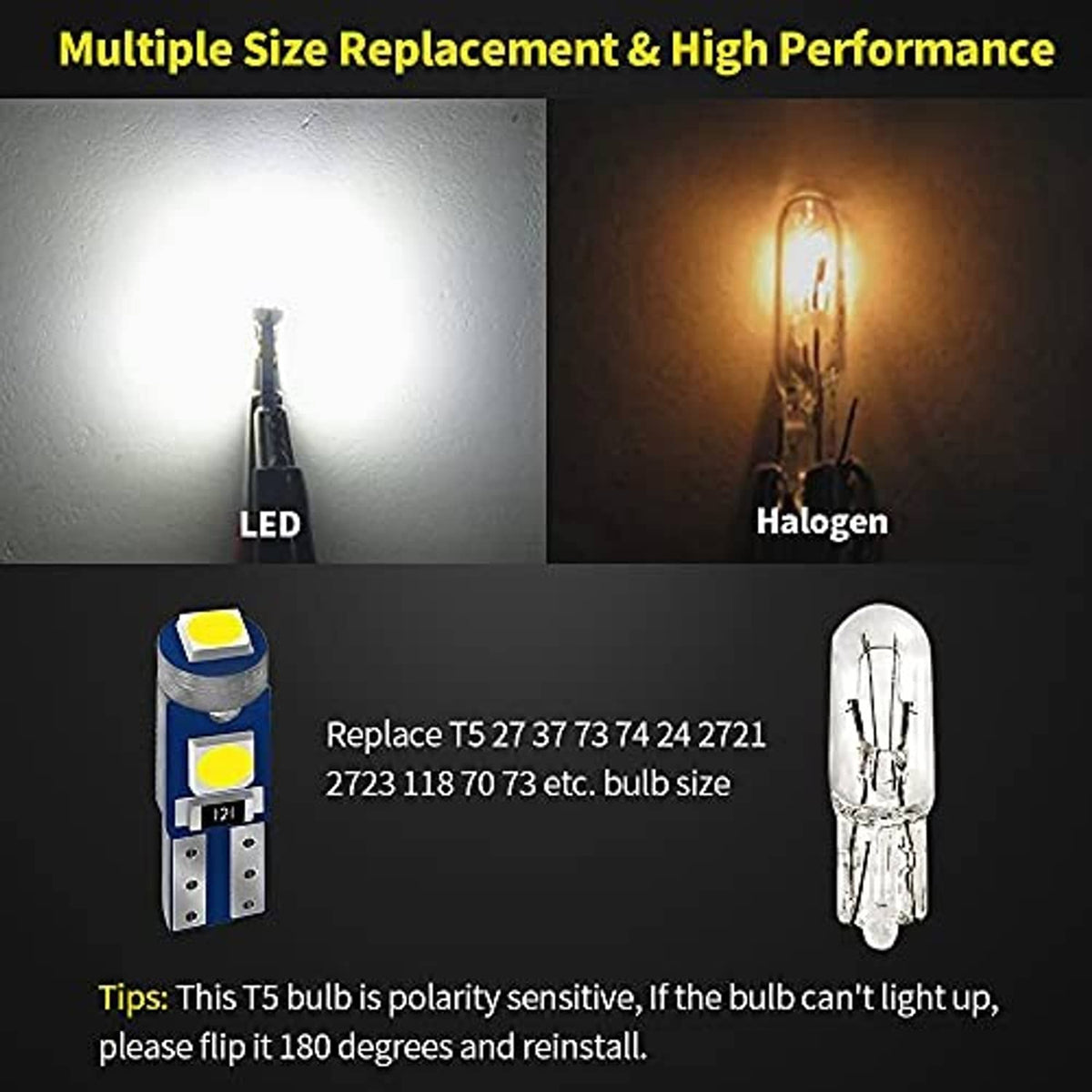T5 LED bulb showing bright white beam for dashboard and instrument lighting