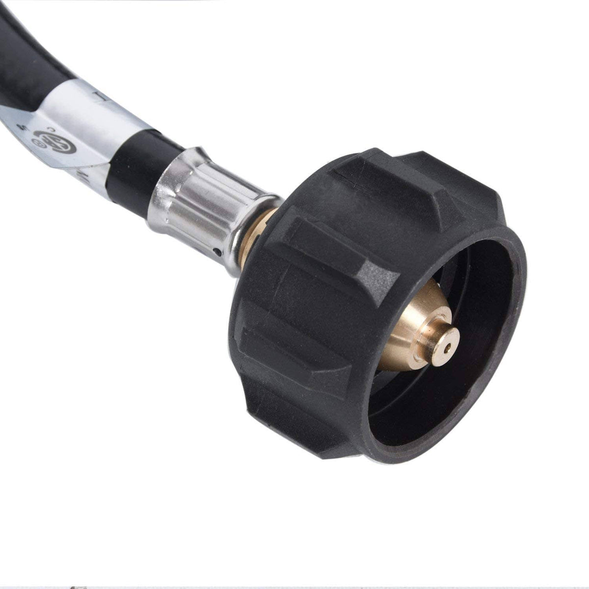 Close-up of black QCC1-style propane hose connector with brass center insert