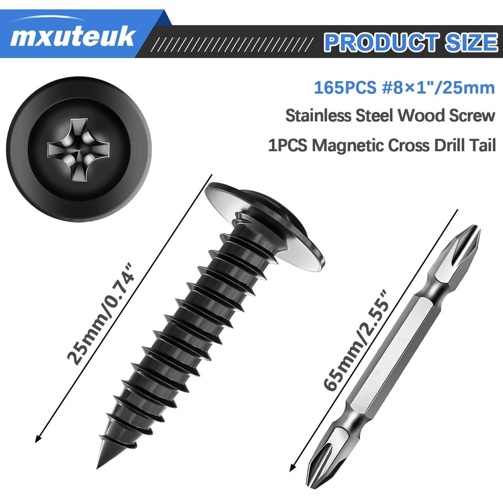 Black #8×1 in stainless wood screw with cross tip and countersunk head