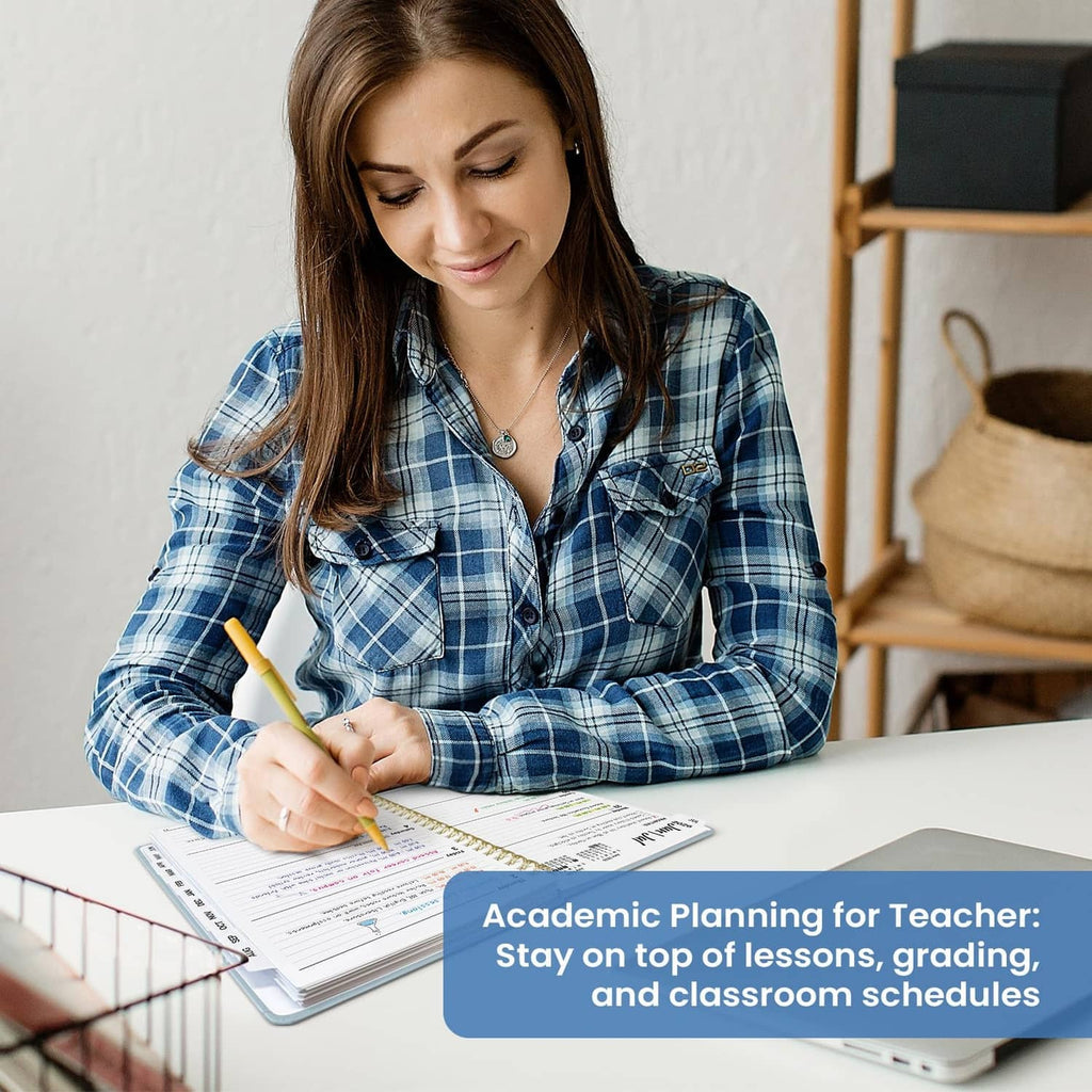 Woman writing in an open planner on a desk with weekly pages visible