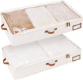 Two large under-bed storage bins, white fabric with brown handles and label holder