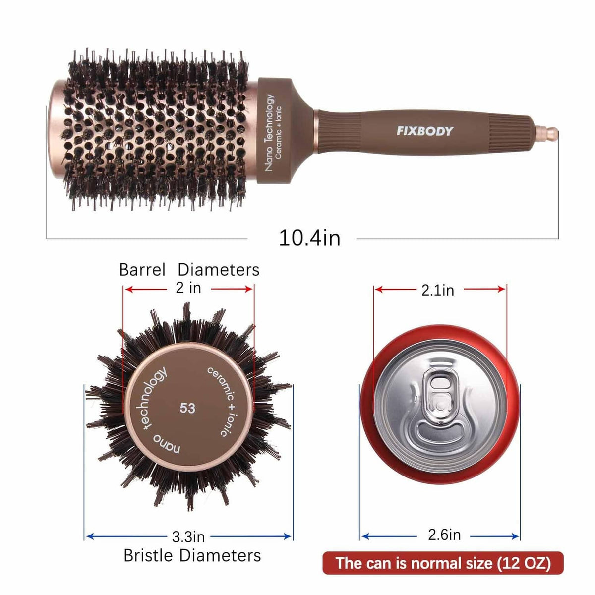 Round round-barrel blow-dry brush with dark bristles and brown grip; size diagram