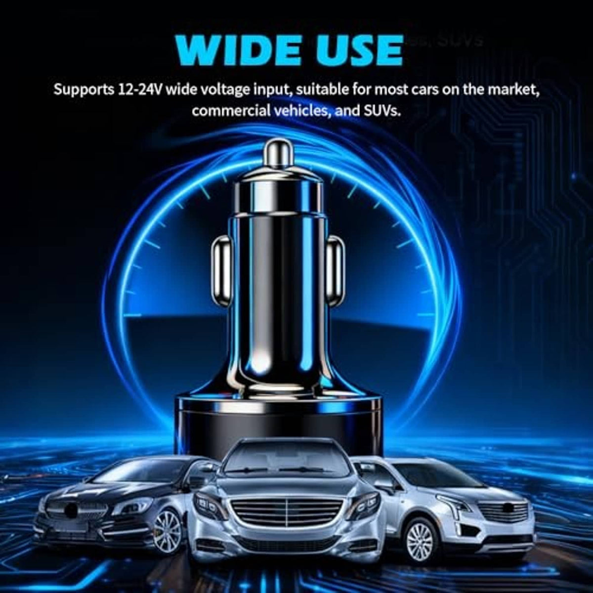 Car charger adapter with shiny metal body and glowing blue LED indicator ring