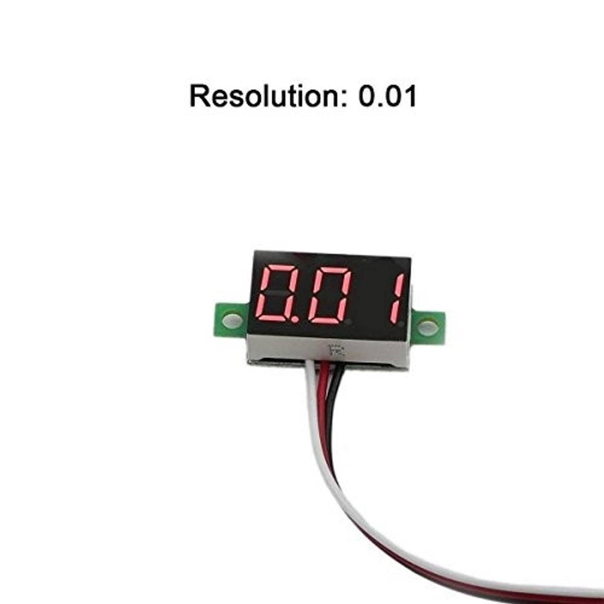 Digital DC voltmeter module showing red reading with input wires
