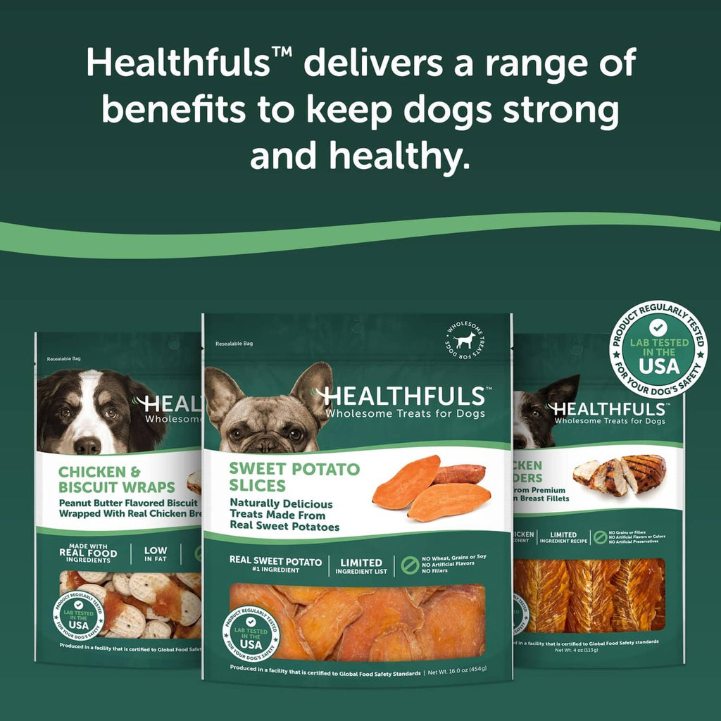 Healthfuls dog treat variety display with sweet potato slices bag in the center