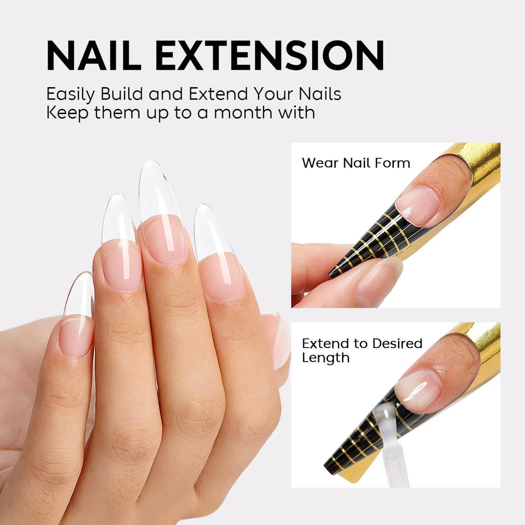 Long nude-pink nail extensions on fingers with nail builder base gel