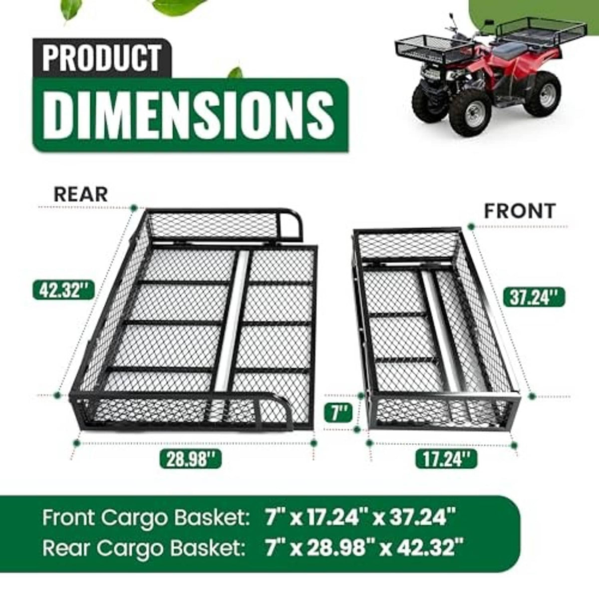 Front and rear ATV cargo baskets with black steel mesh panels and side frames