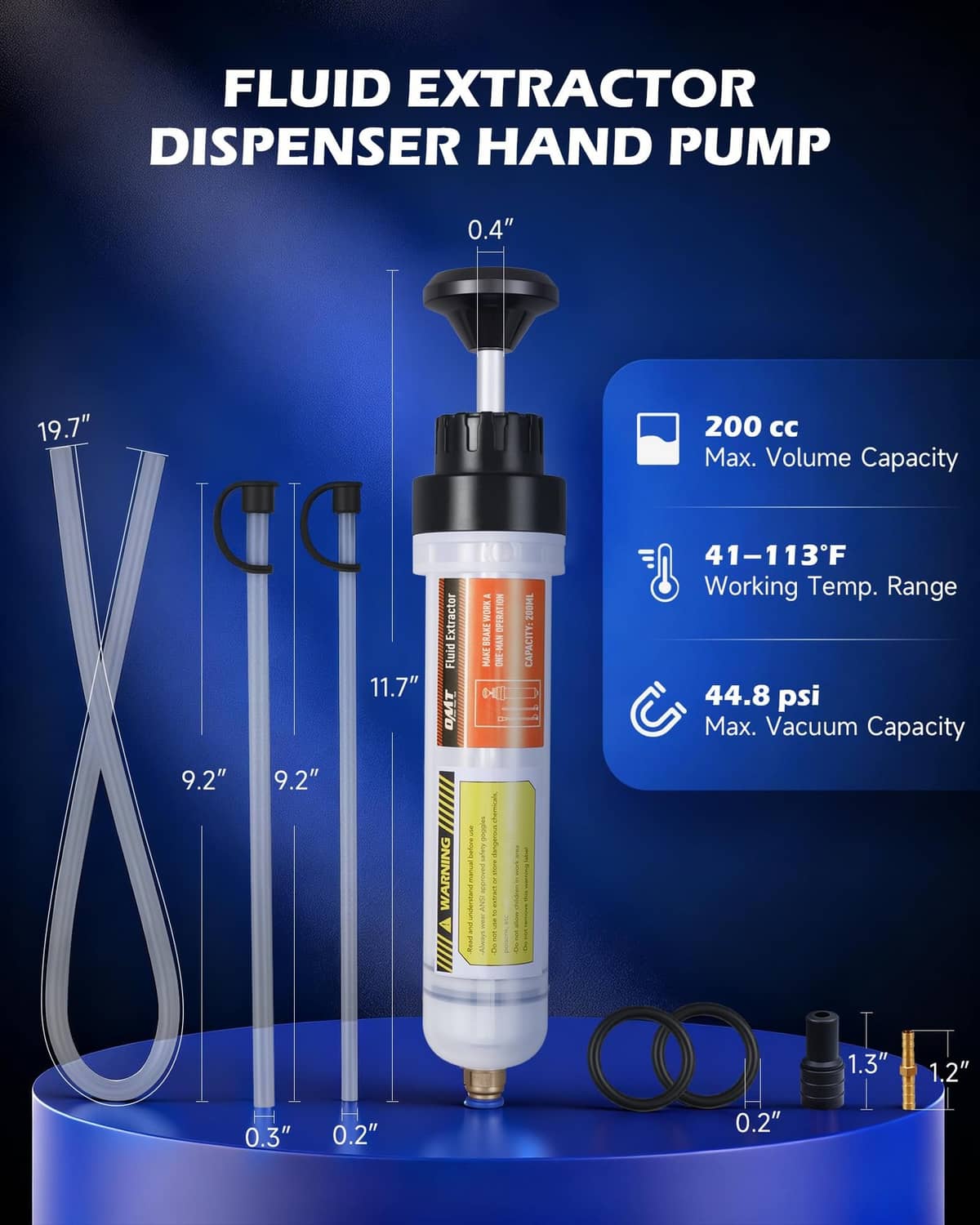 Manual fluid extractor and filler with black pump top, clear body, and orange cartridge