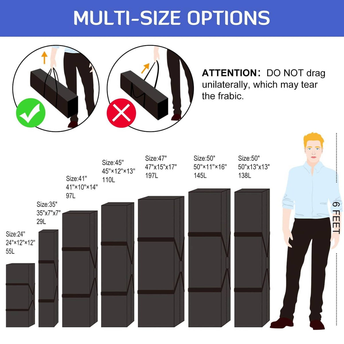 Black long duffel storage bag shown in multiple size silhouettes with top handle