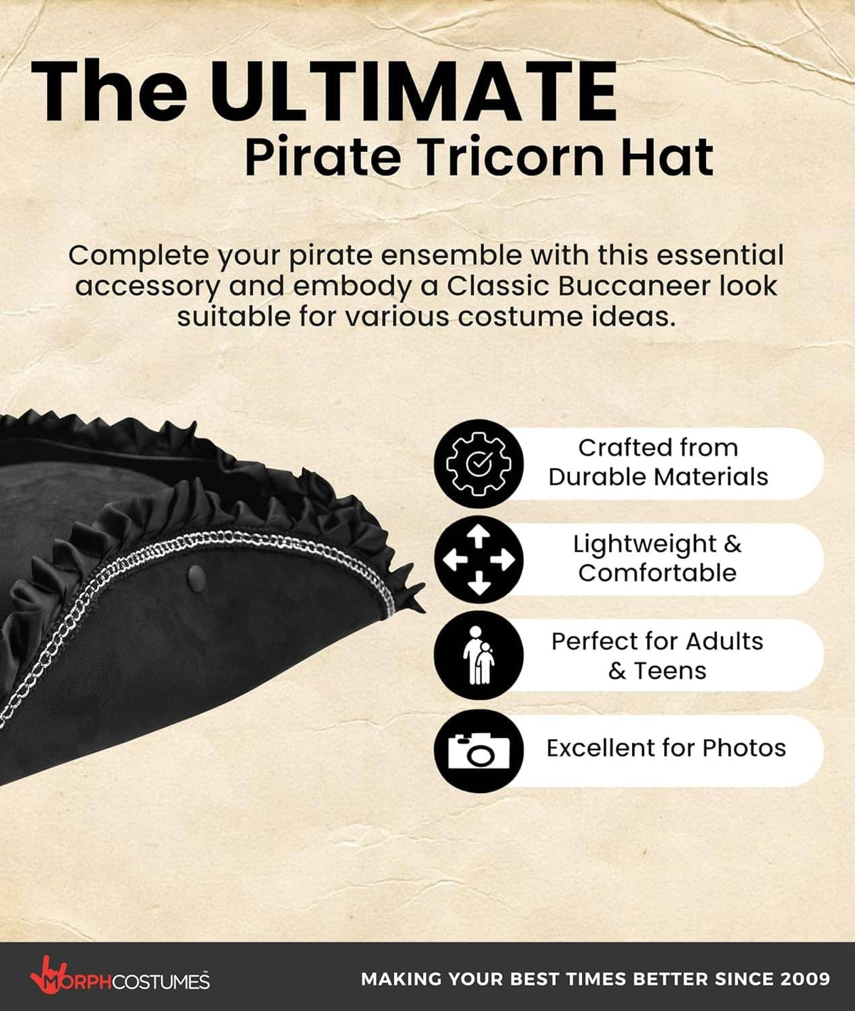 Black pirate tricorn hat with ruffled brim and silver chain trim, isolated view.