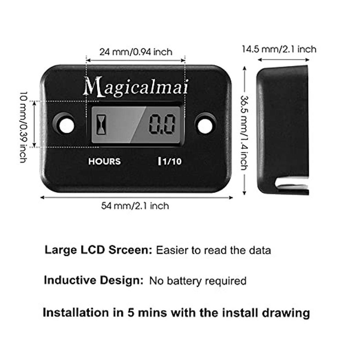 Black inductive hour meter with large LCD, front dimension labels, and mounting holes