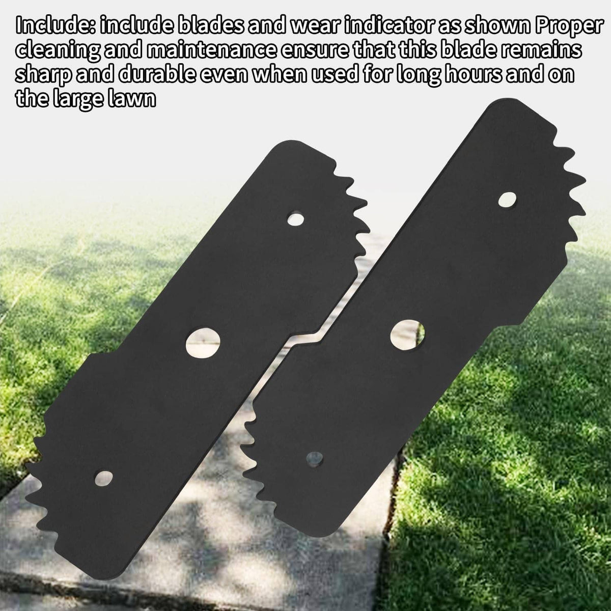 Pair of black replacement edger blades with mounting holes and serrated teeth