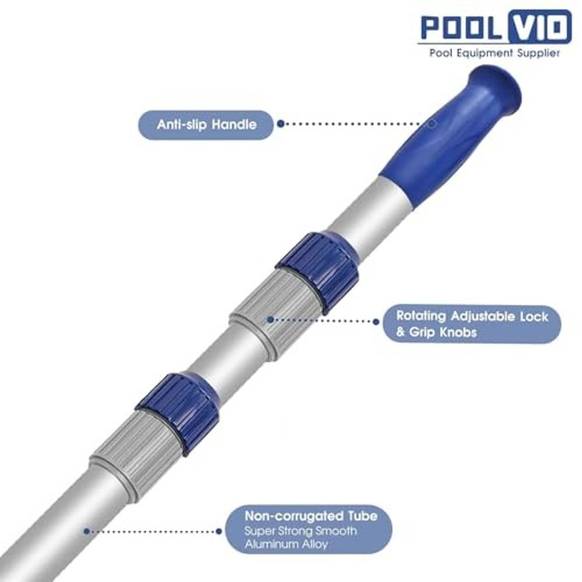 Telescopic pool pole with blue anti-slip handle, rotating lock and grip knobs