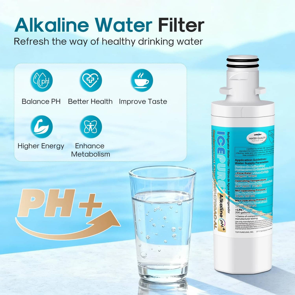 Alkaline refrigerator water filter cartridge with pH+ label and drinking glass