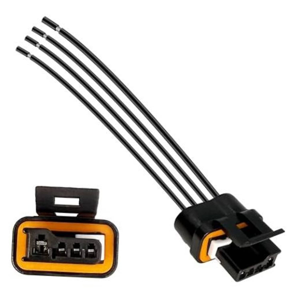 Vehicle wiring harness connector plug with black housing, orange insert, and bundled leads