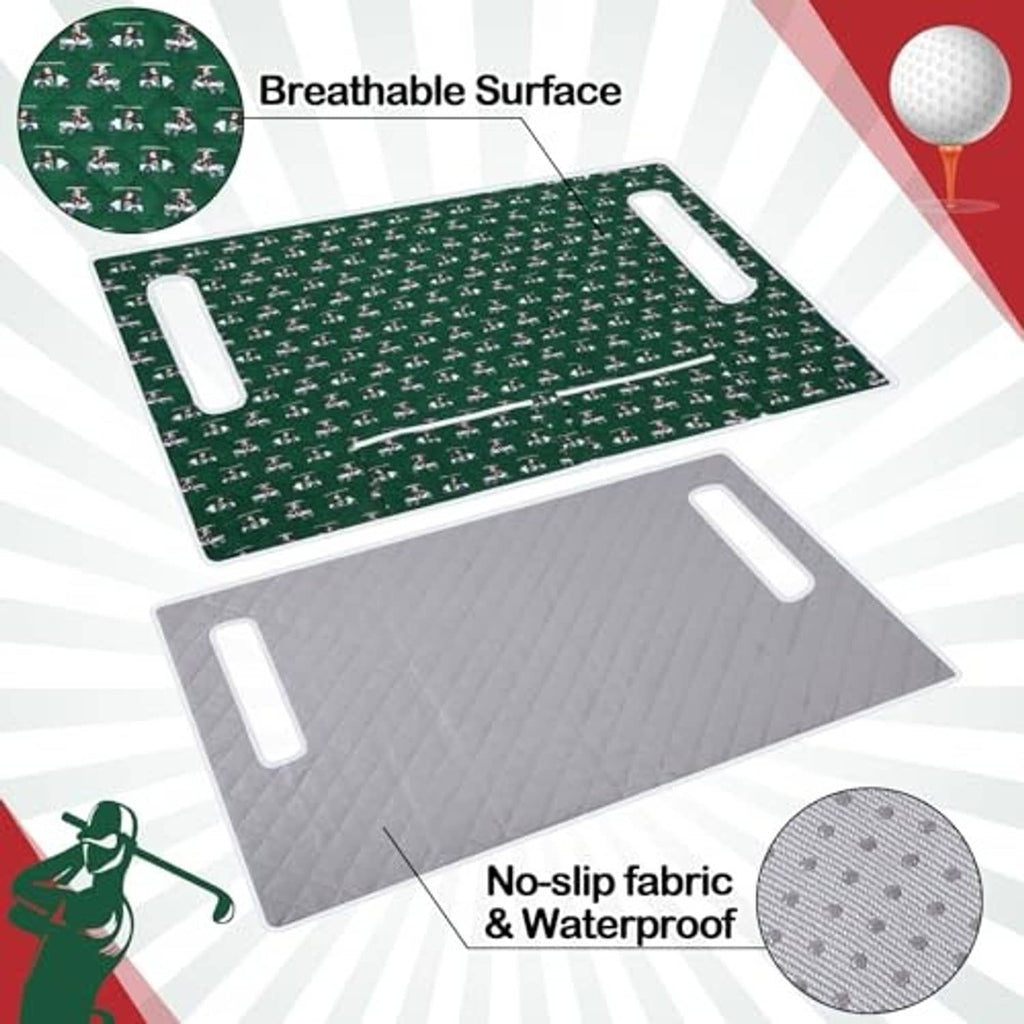 Green patterned golf cart seat cover with white trim, two side handle openings