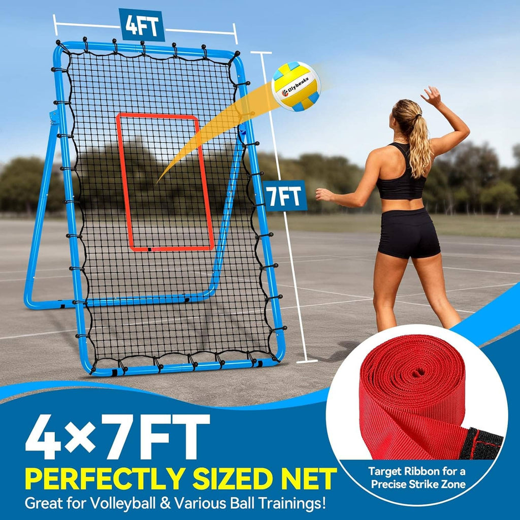 Volleyball rebounder net with red target, training volleyball, and marked height stands