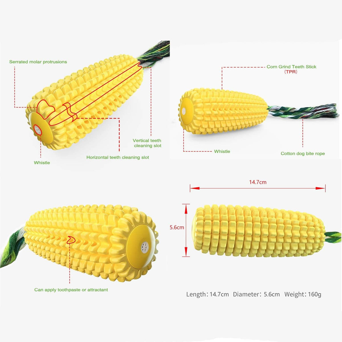 Yellow ribbed chew toy with green rope, shown from multiple angles