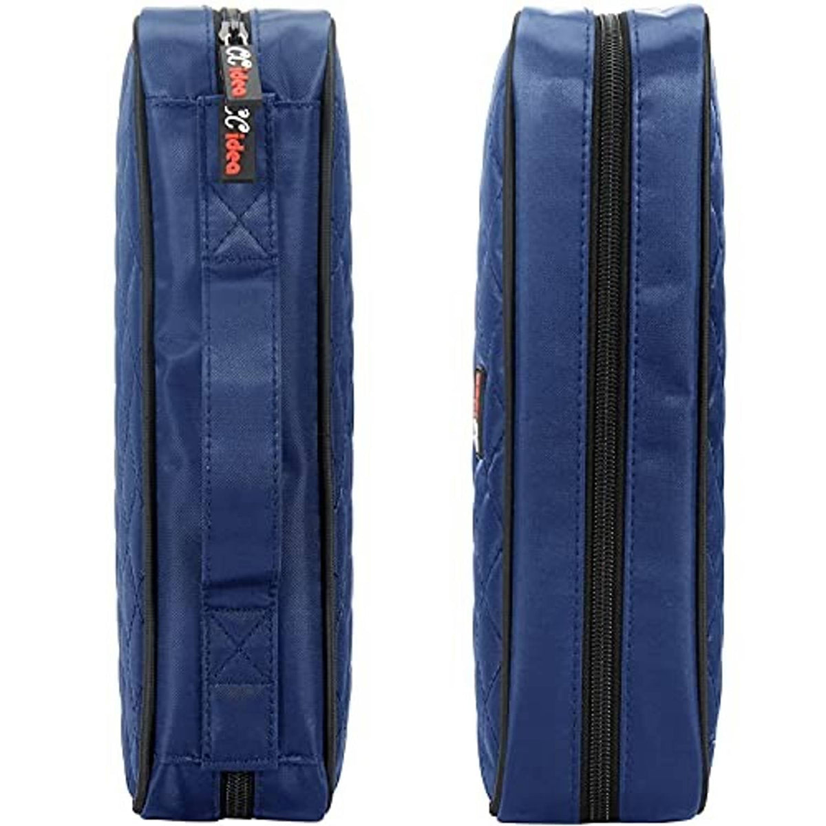 Blue quilted CD/DVD storage wallet shown from side, with zipper and top loop.