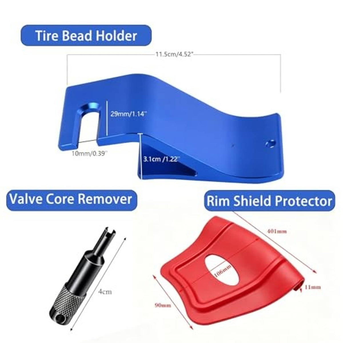 Motorcycle tire changing tool set: blue bead holder, black valve remover, red rim shield