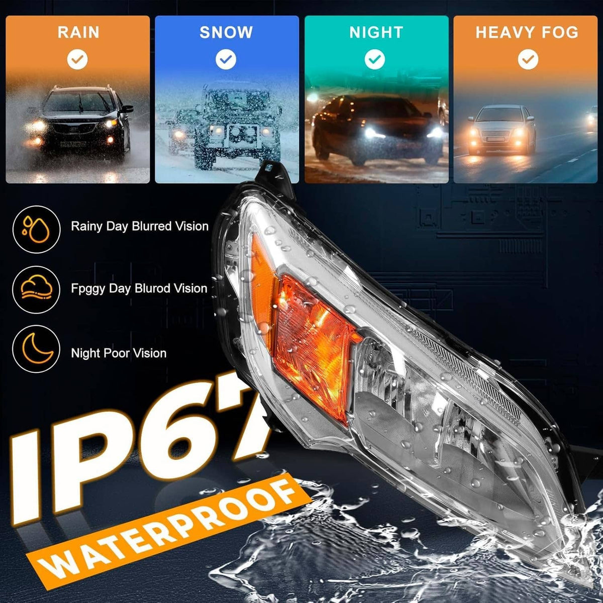 Right halogen headlight with clear lens and amber side marker, shown with water spray effects