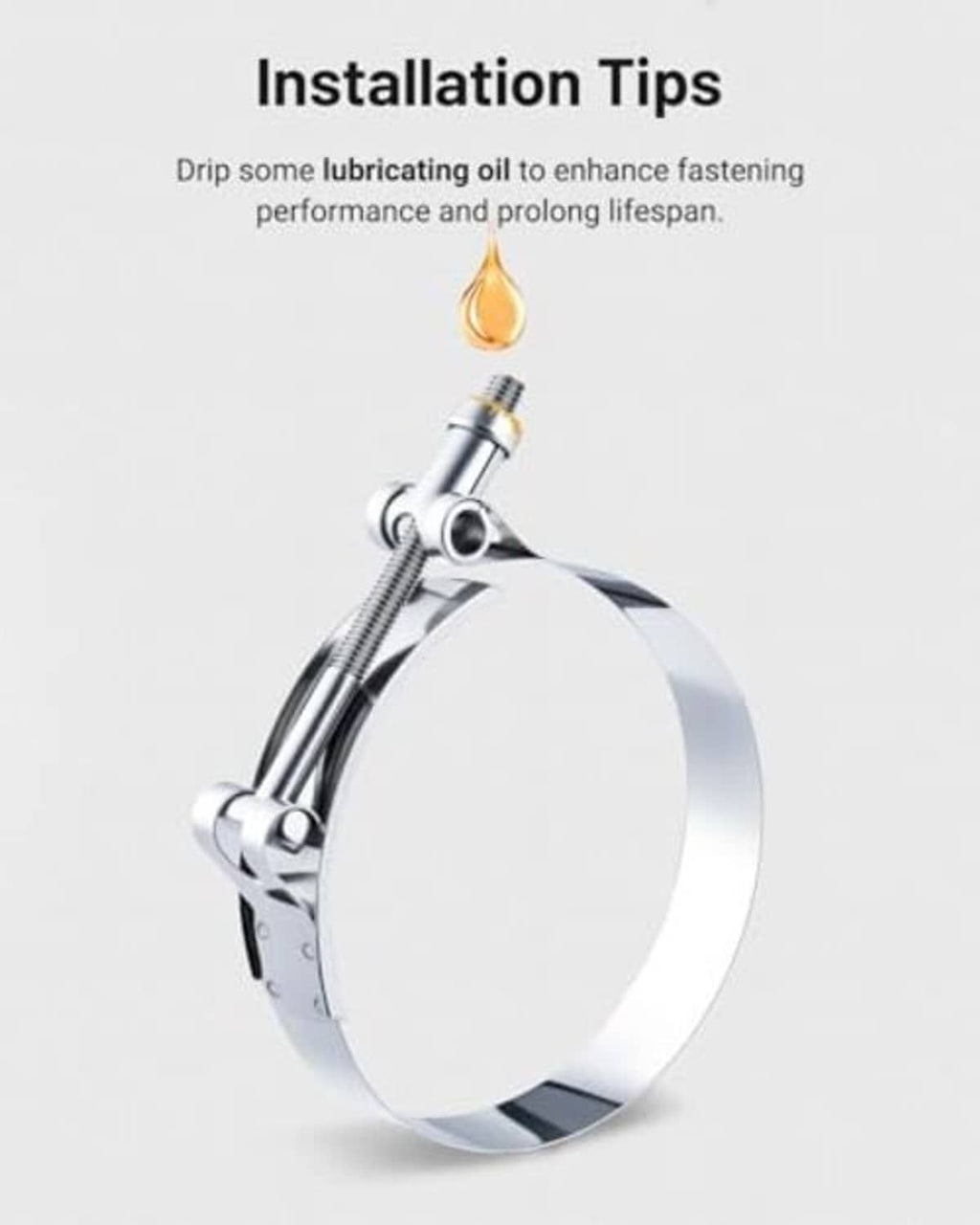Stainless steel T-bolt hose clamp with mounted bolt and circular band